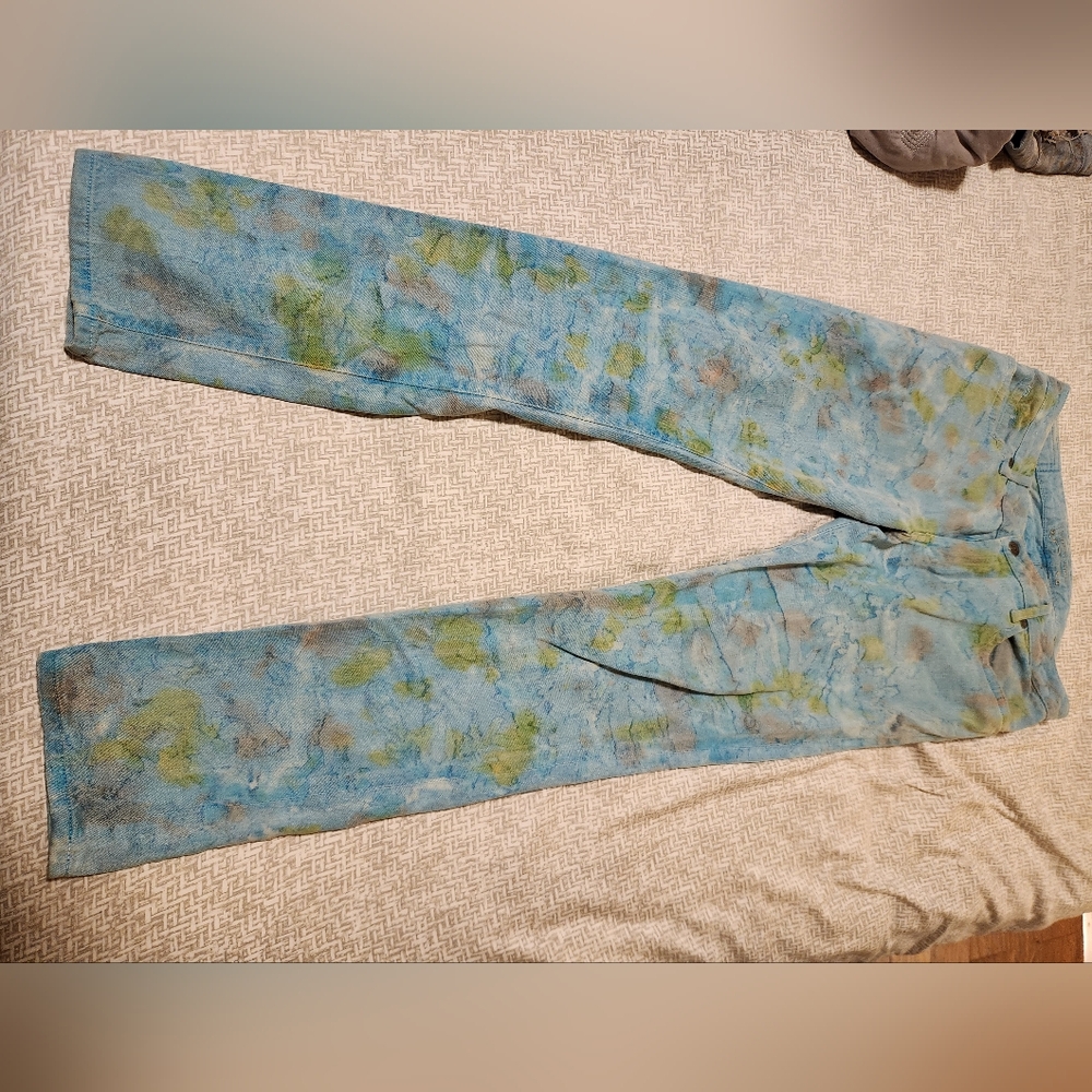 Mens Robin's Jeans 34x34 Blue Tie-Dye Pattern with Rhinestones